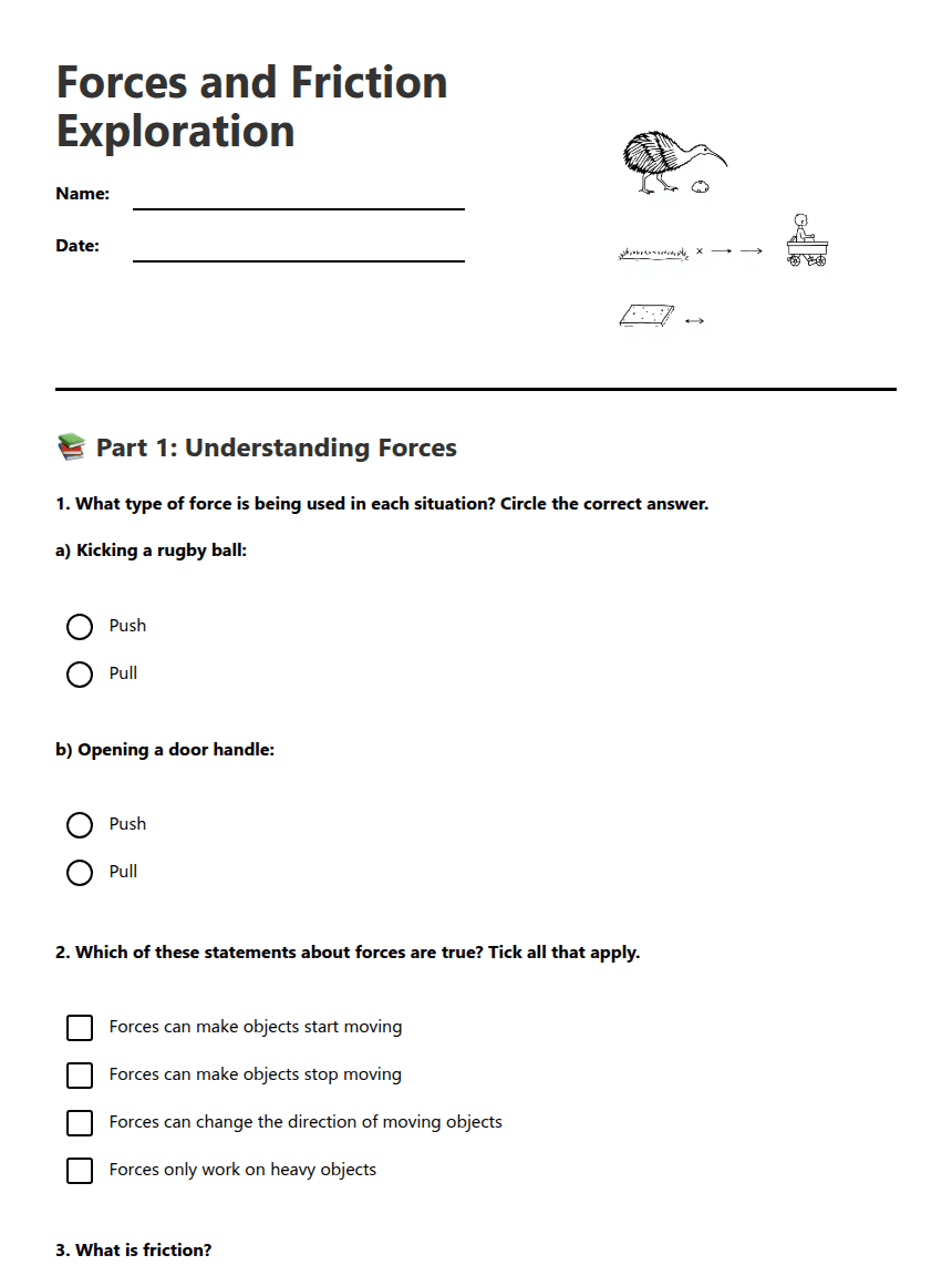 Forces and Friction Exploration worksheet preview