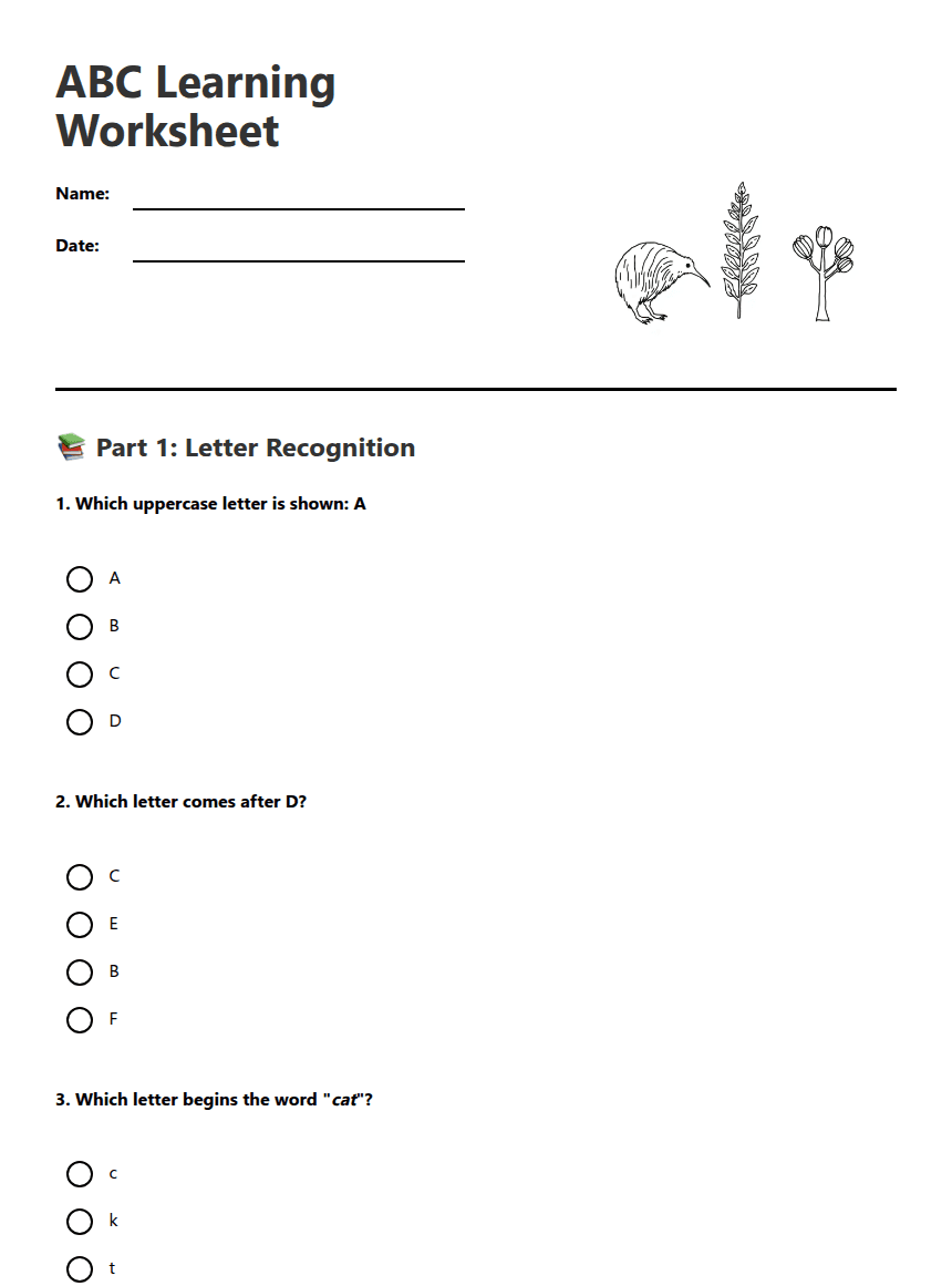 ABC Learning Worksheet worksheet preview