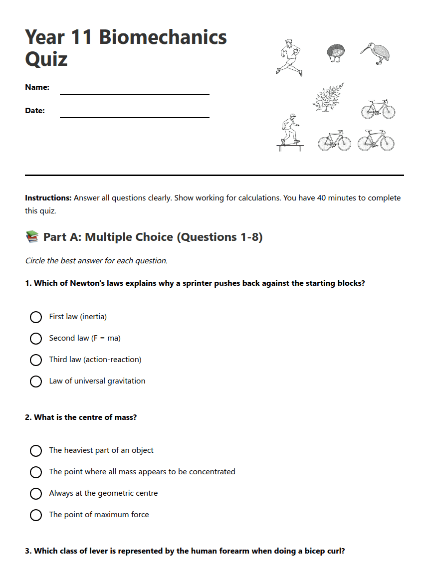 Year 11 Biomechanics Quiz worksheet preview