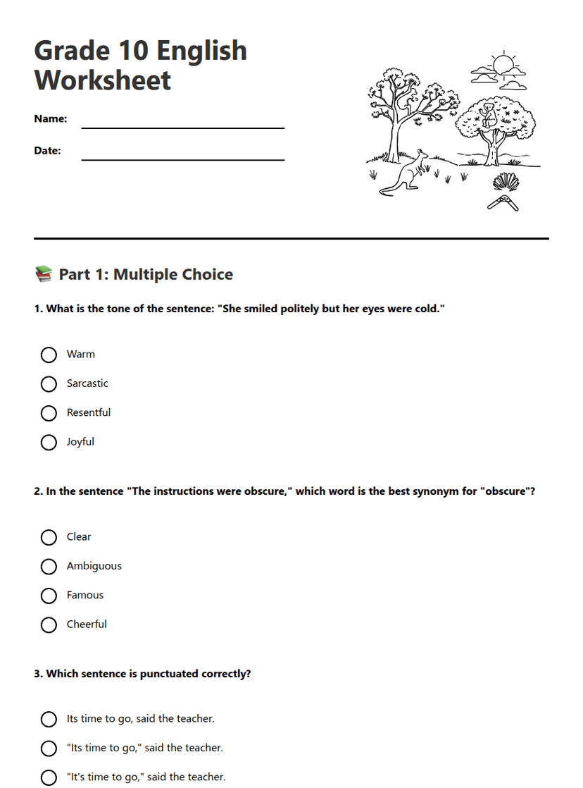 Grade 10 English Worksheet