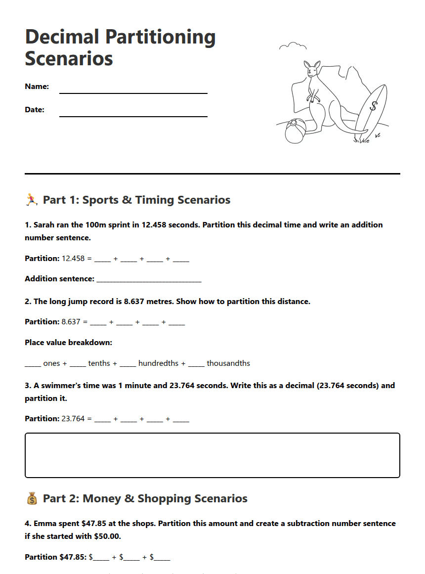 Decimal Partitioning Scenarios worksheet preview