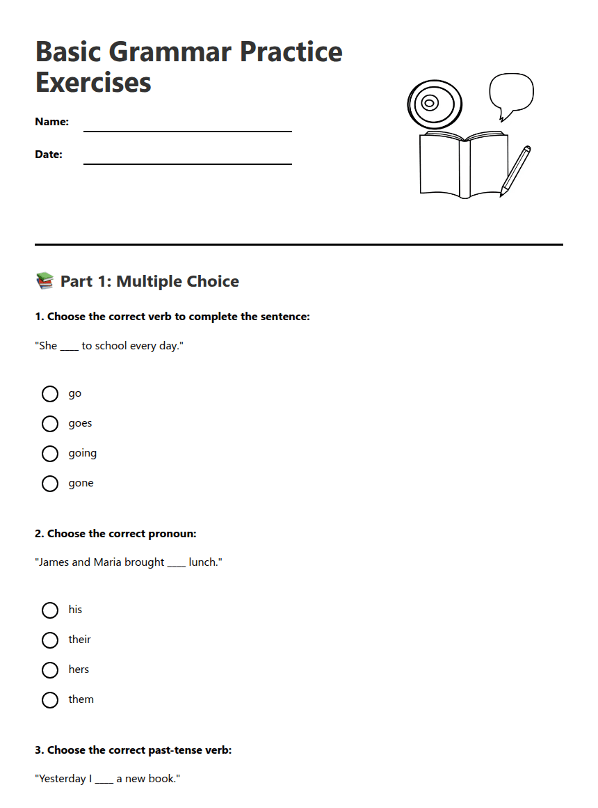 Basic Grammar Practice Exercises worksheet preview