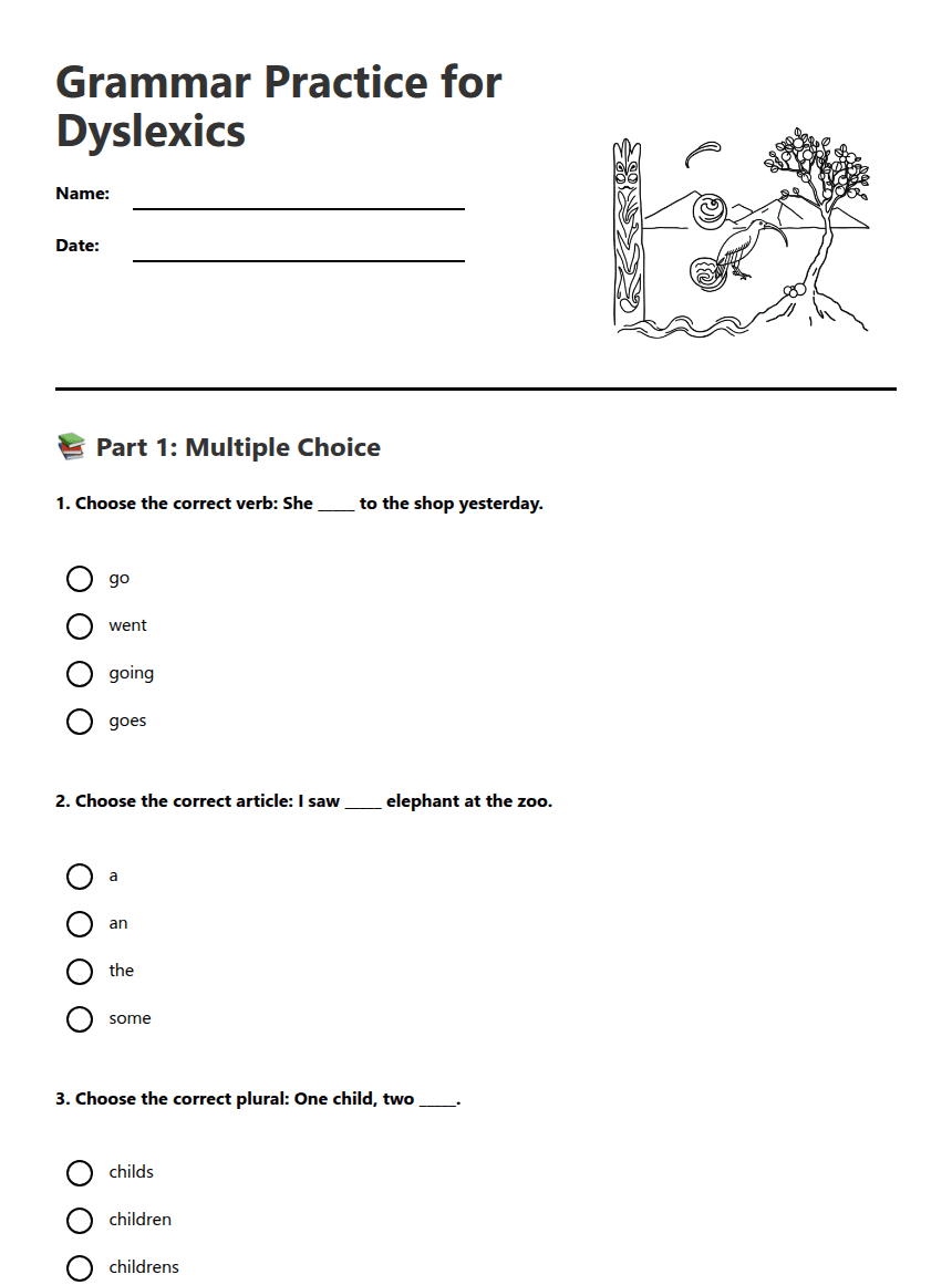 Grammar Practice for Dyslexics worksheet preview