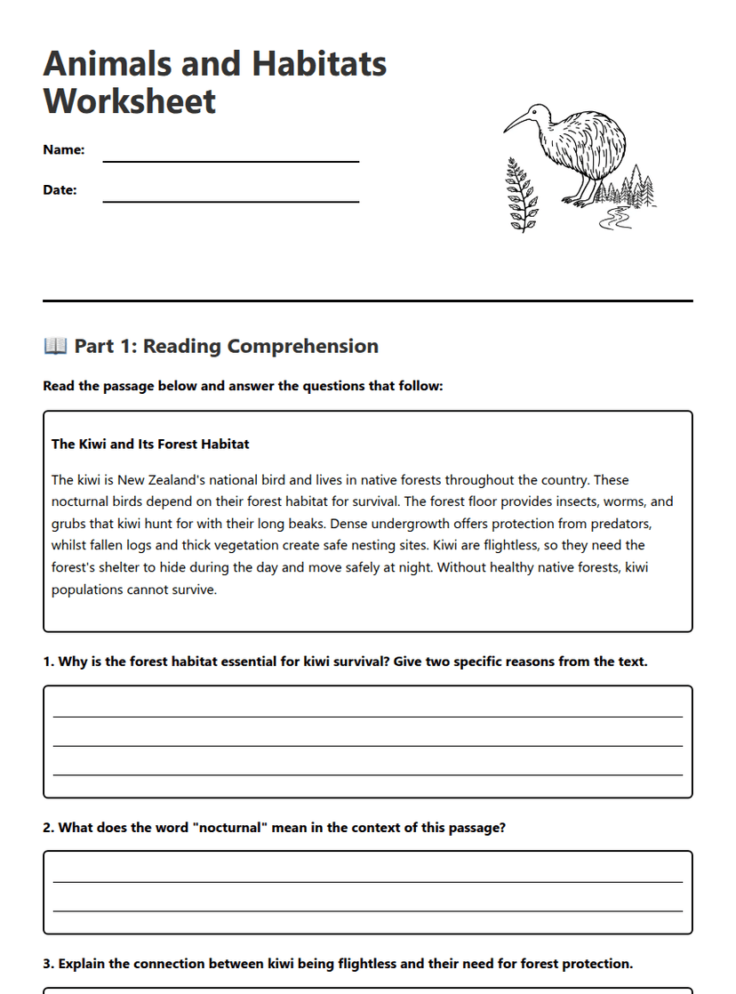 Animals and Habitats Worksheet