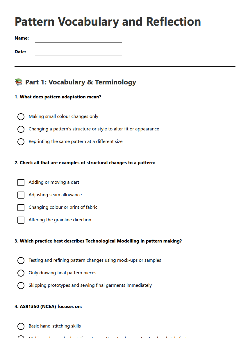 Pattern Vocabulary and Reflection worksheet preview