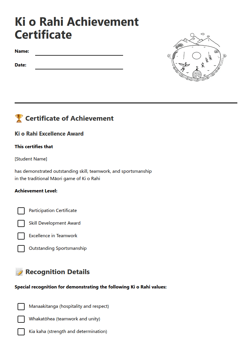 Ki o Rahi Achievement Certificate worksheet preview