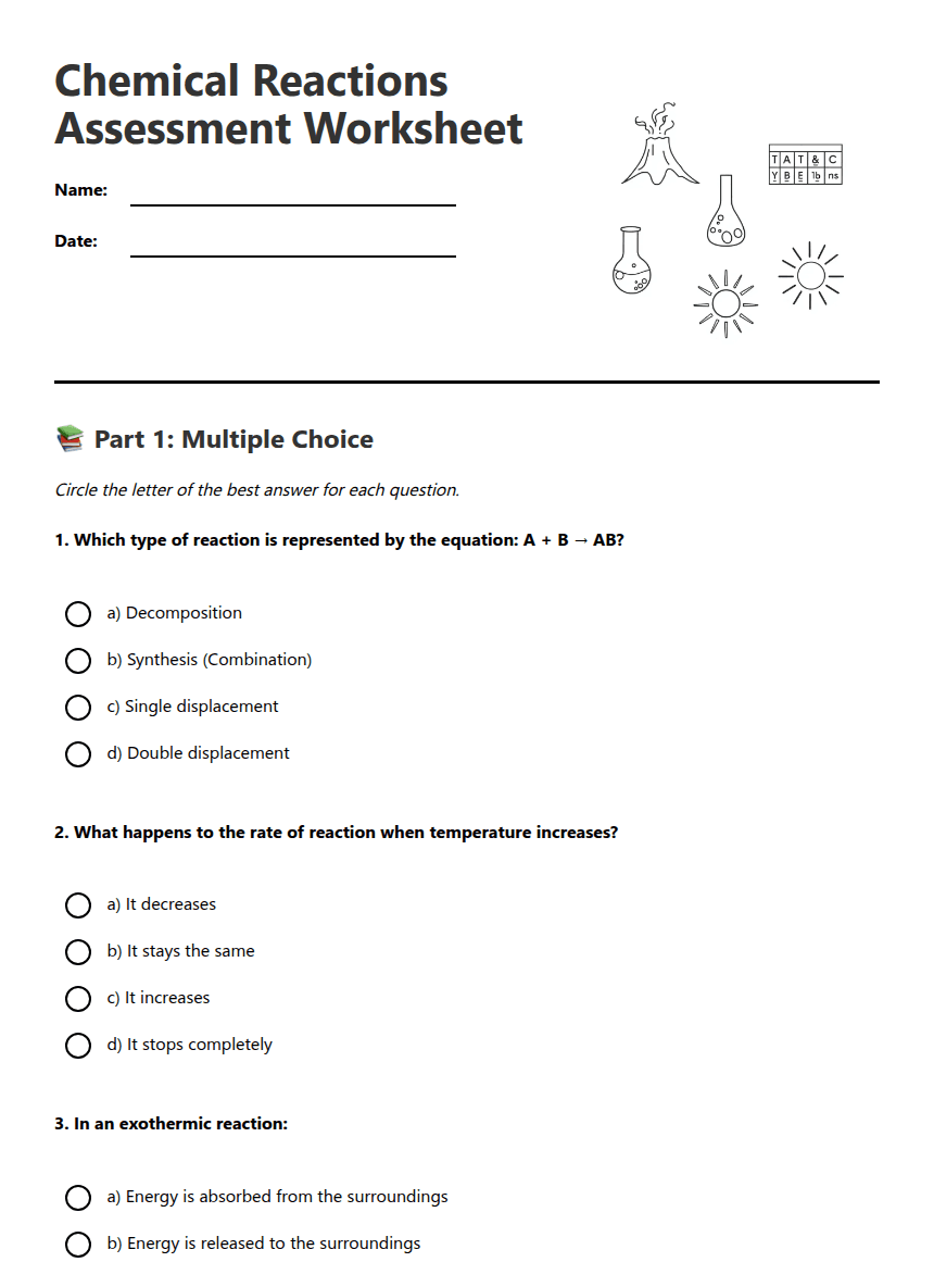 Chemical Reactions Assessment Worksheet worksheet preview
