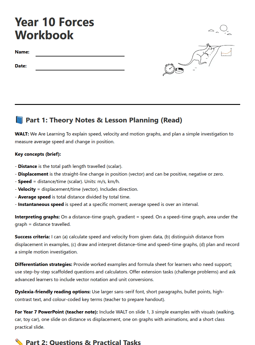 Year 10 Forces Workbook worksheet preview