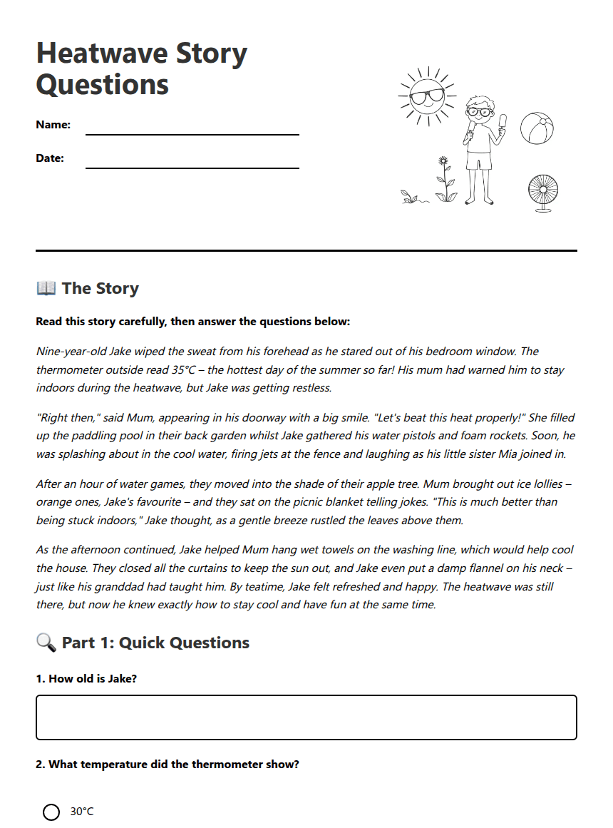 Heatwave Story Questions worksheet preview