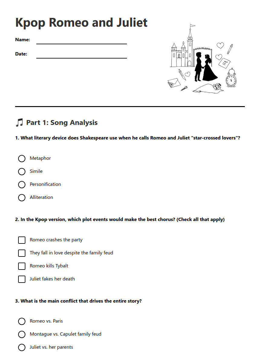 Kpop Romeo and Juliet worksheet preview