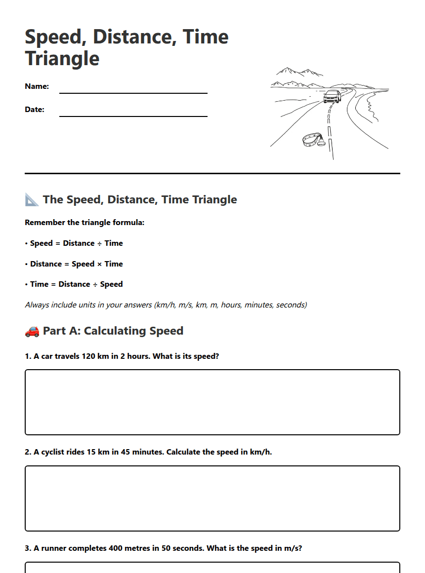 Speed, Distance, Time Triangle worksheet preview