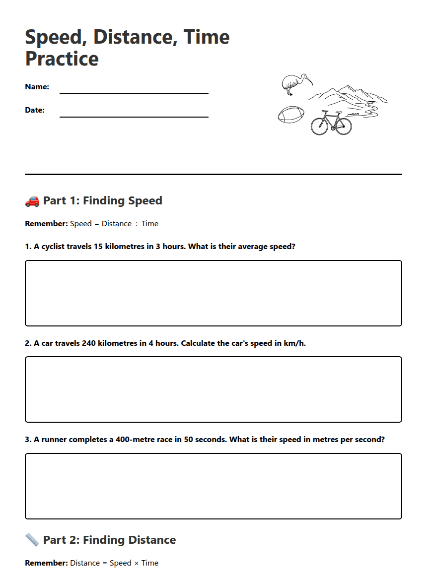 Speed, Distance, Time Practice worksheet preview