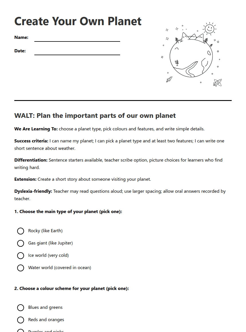 Create Your Own Planet worksheet preview