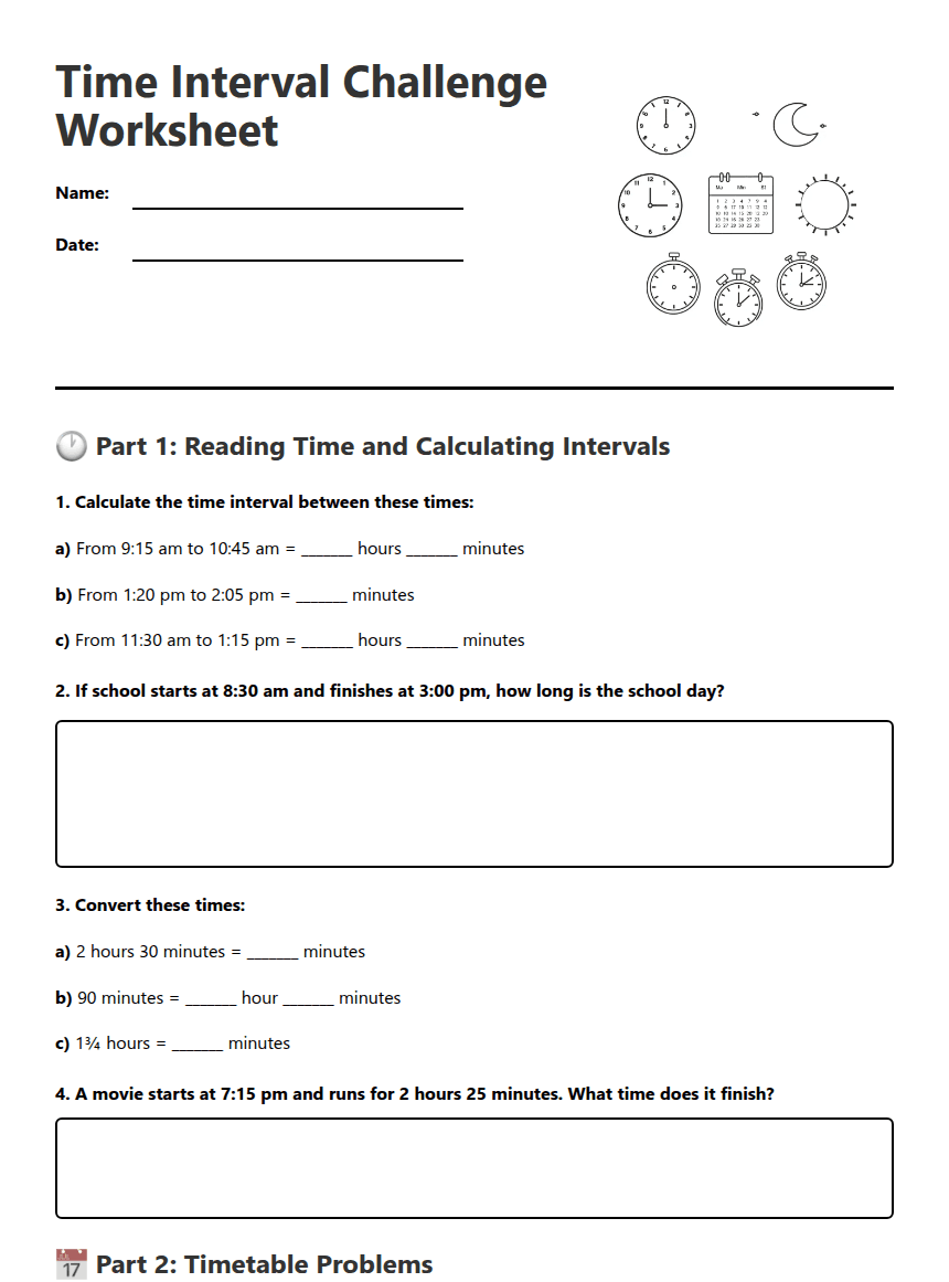Time Interval Challenge Worksheet worksheet preview