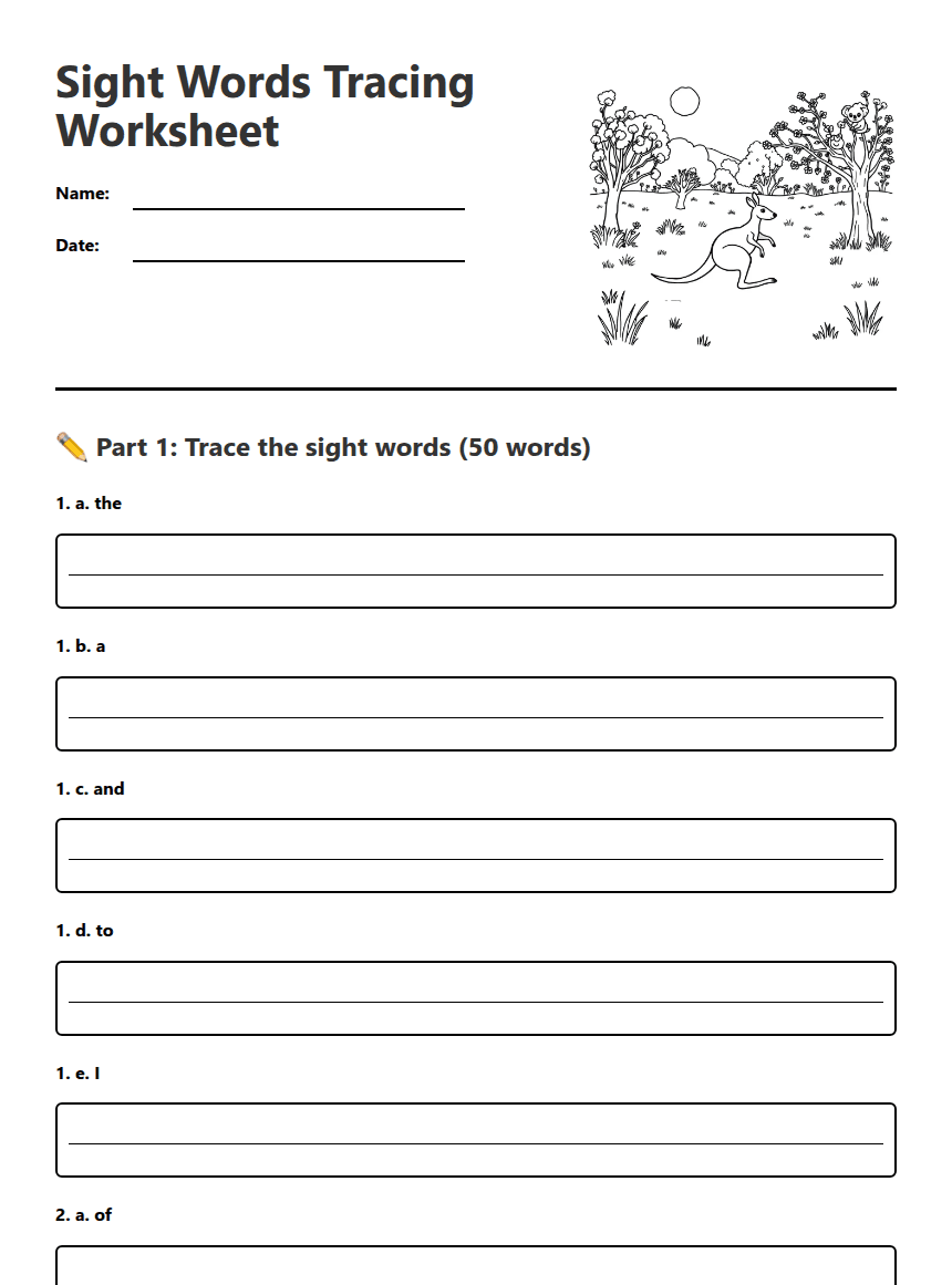 Sight Words Tracing Worksheet worksheet preview