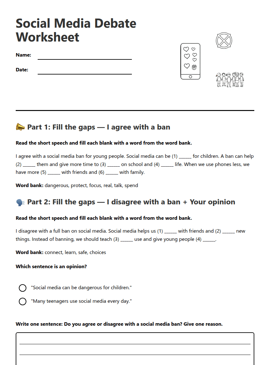 Social Media Debate Worksheet worksheet preview