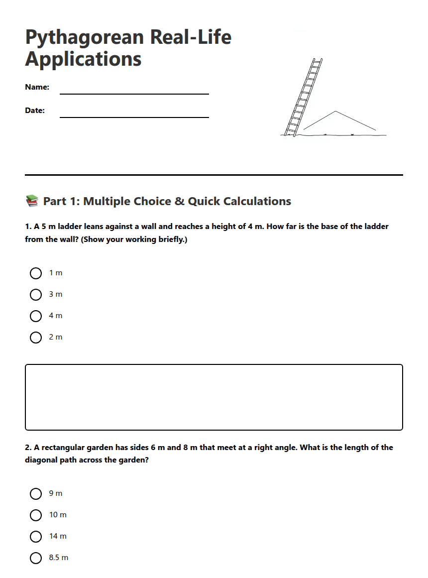 Pythagorean Real-Life Applications worksheet preview