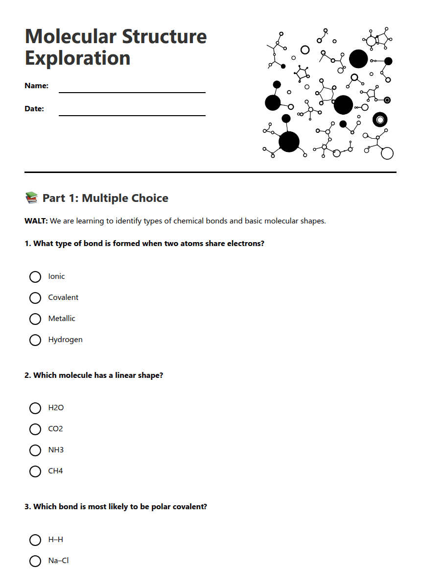 Molecular Structure Exploration worksheet preview