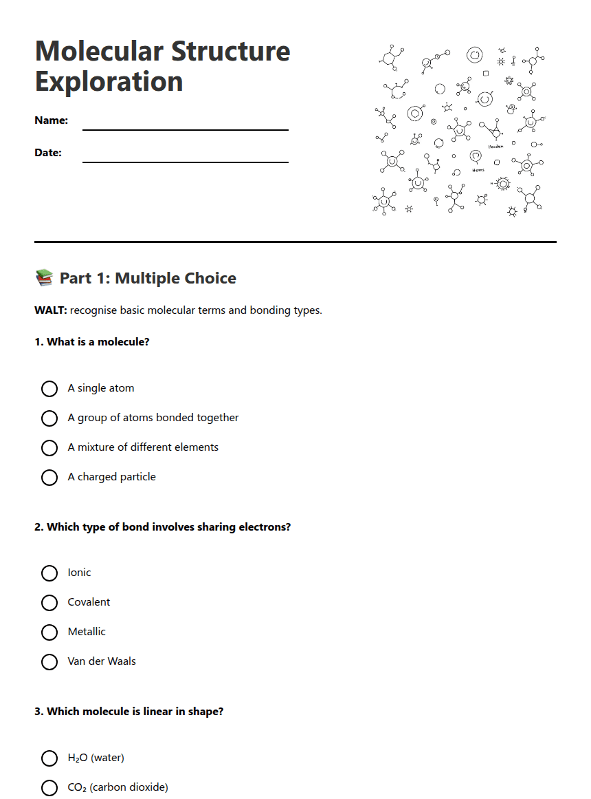 Molecular Structure Exploration worksheet preview