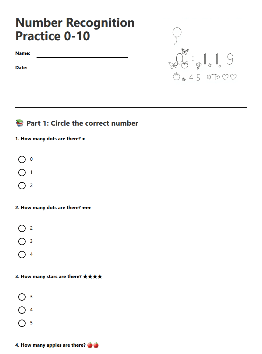 Number Recognition Practice 0-10 worksheet preview