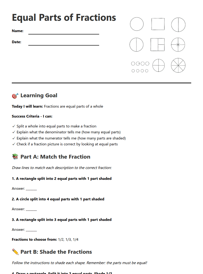 Equal Parts of Fractions worksheet preview