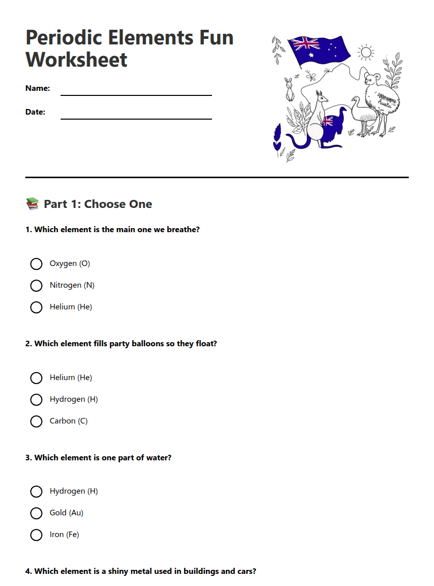 Periodic Elements Fun Worksheet worksheet preview