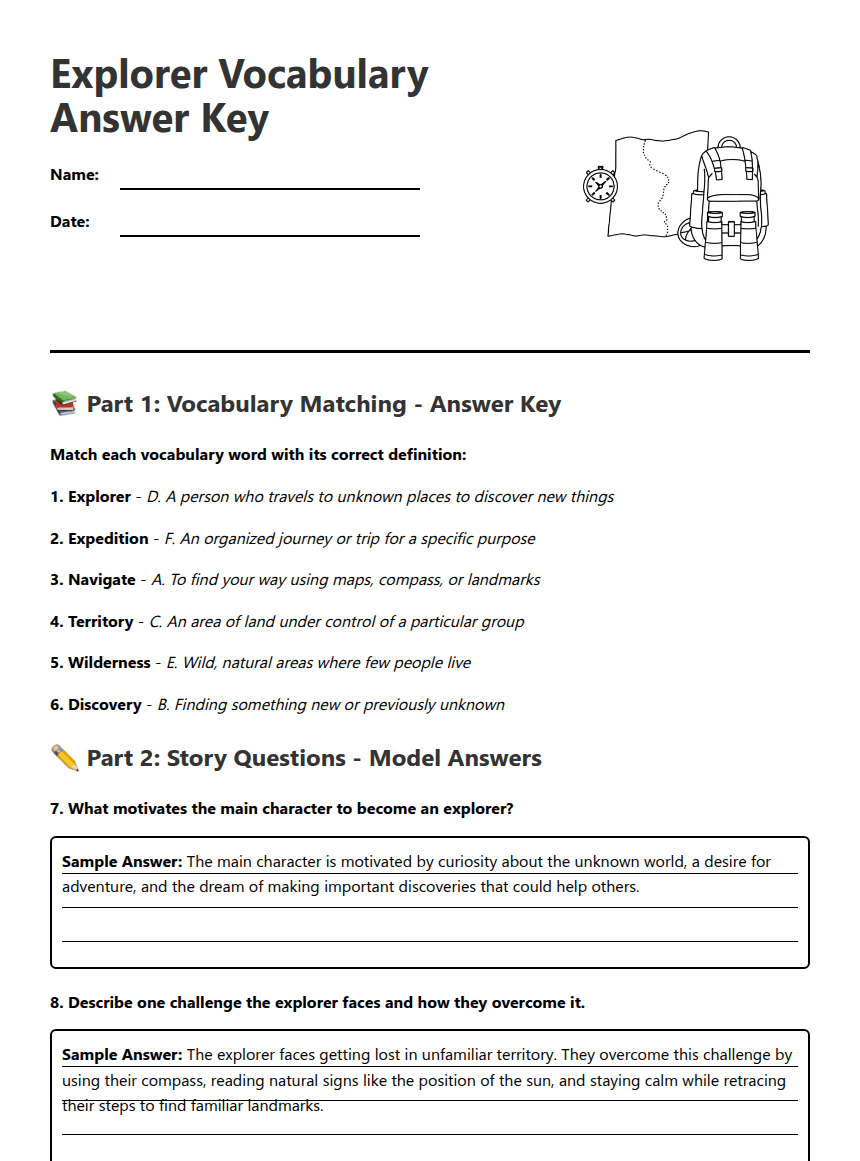 Explorer Vocabulary Answer Key worksheet preview