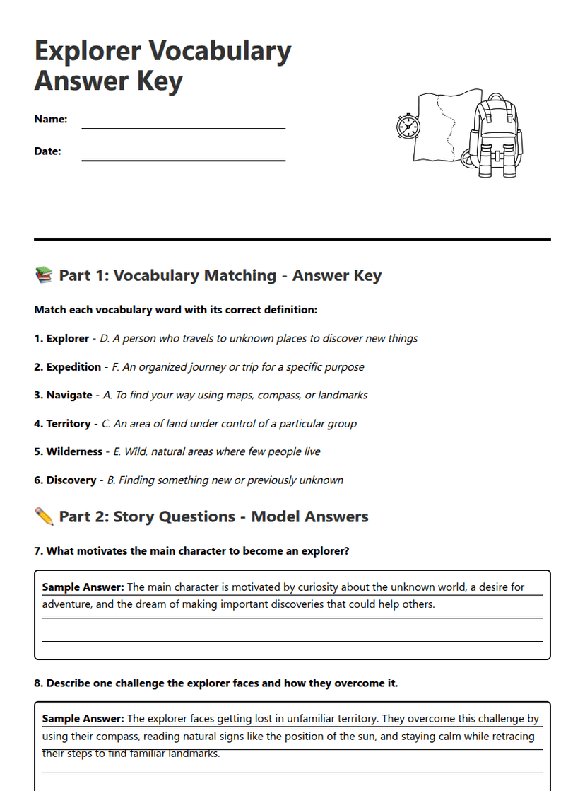 Explorer Vocabulary Answer Key
