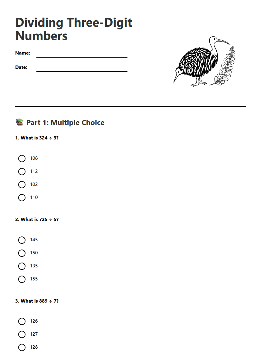 Dividing Three-Digit Numbers worksheet preview