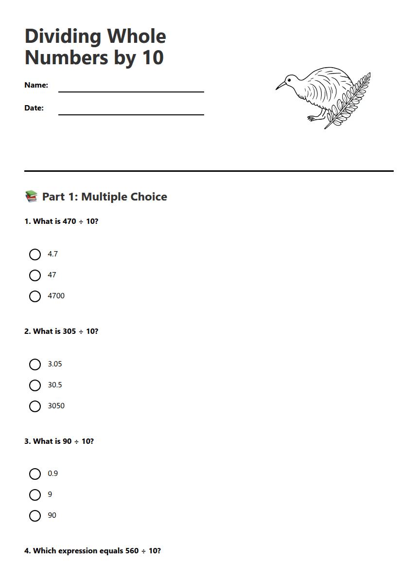 Dividing Whole Numbers by 10 worksheet preview