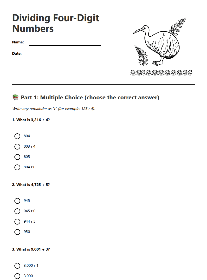 Dividing Four-Digit Numbers worksheet preview