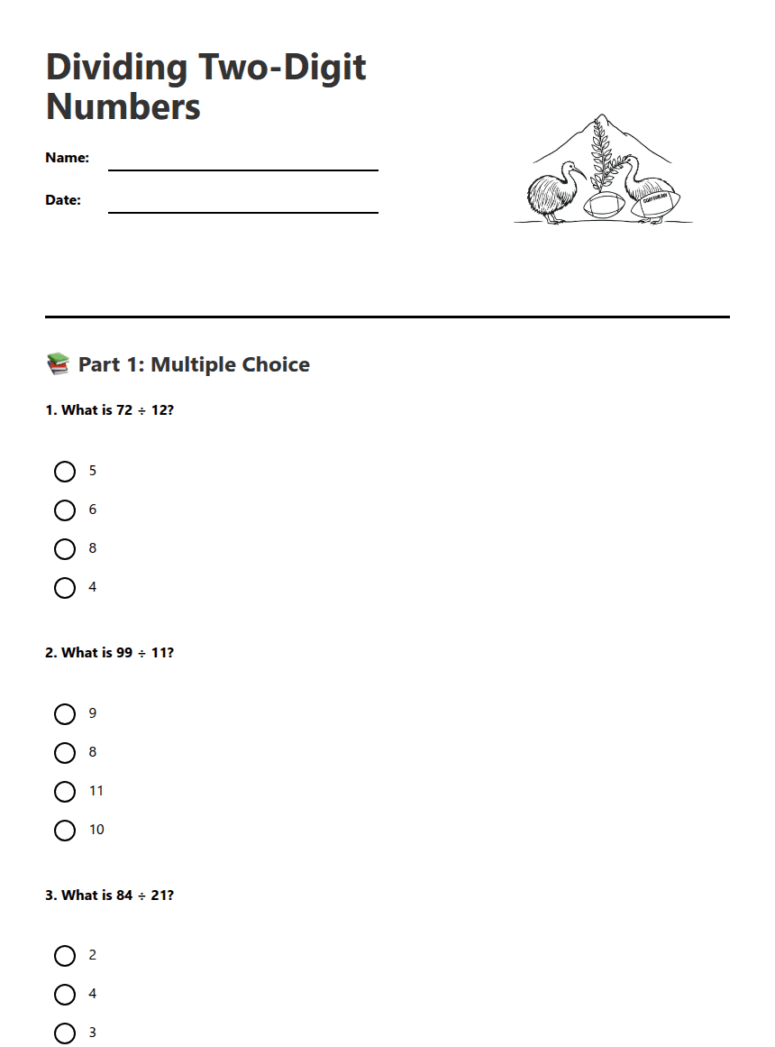 Dividing Two-Digit Numbers worksheet preview