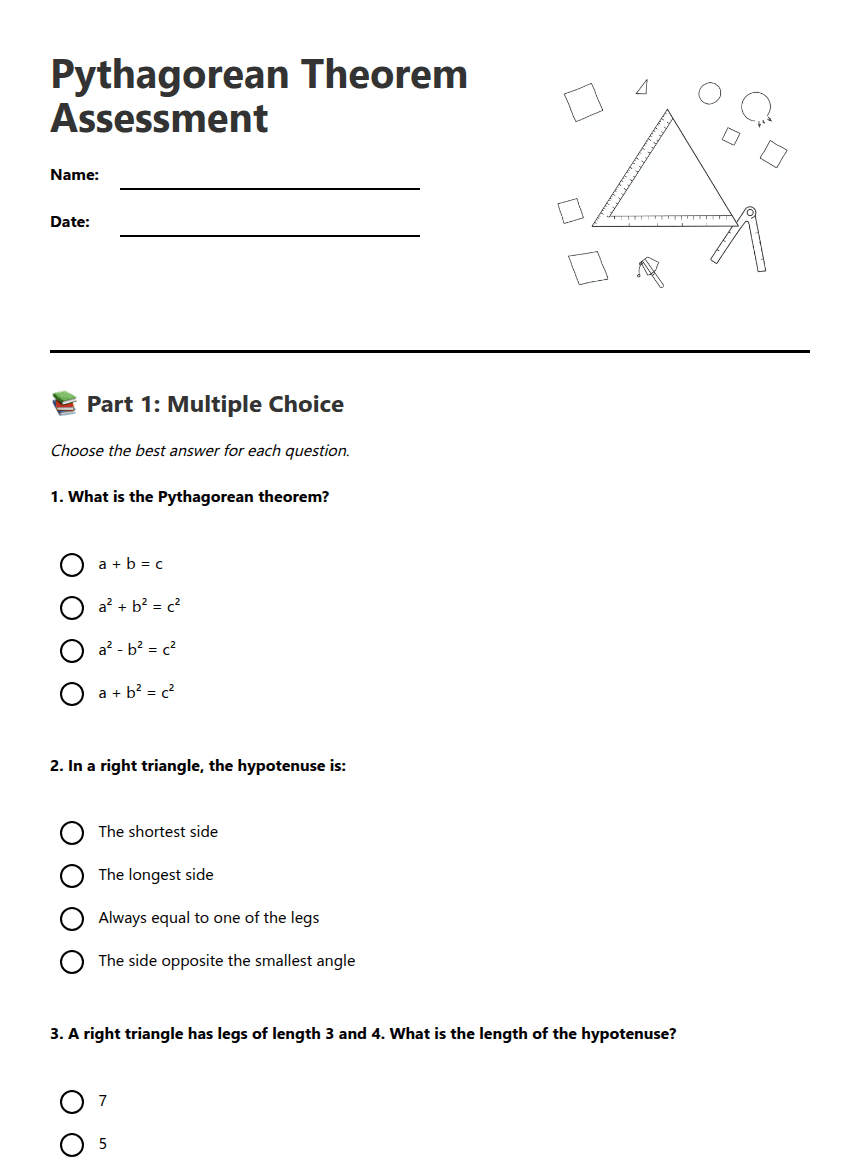 Pythagorean Theorem Assessment worksheet preview