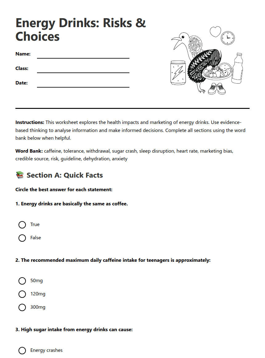 Energy Drinks: Risks & Choices worksheet preview