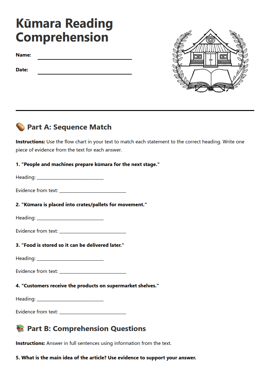 Kūmara Reading Comprehension worksheet preview