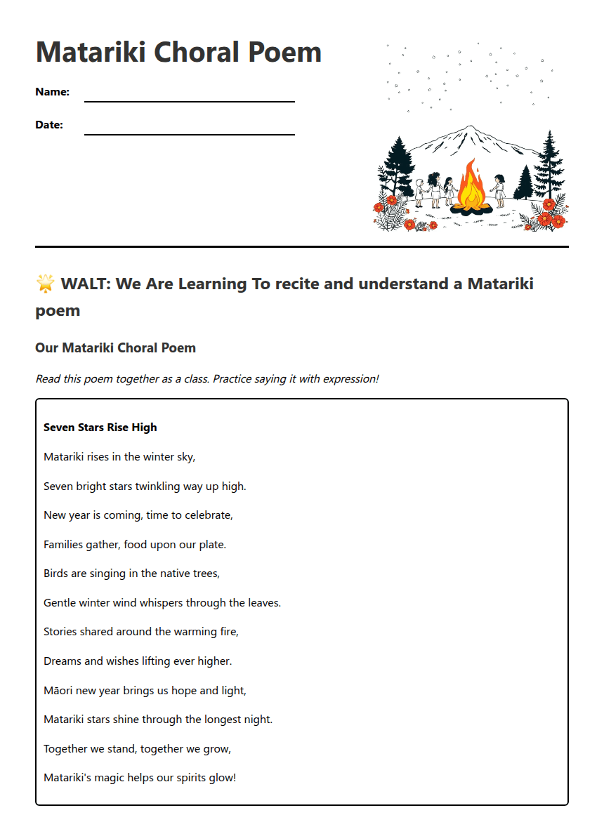 Matariki Choral Poem worksheet preview