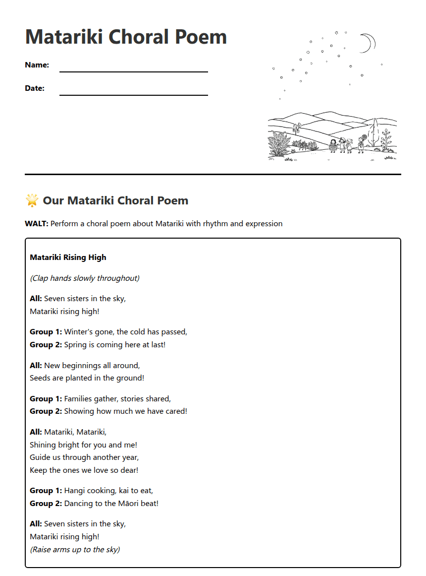 Matariki Choral Poem worksheet preview