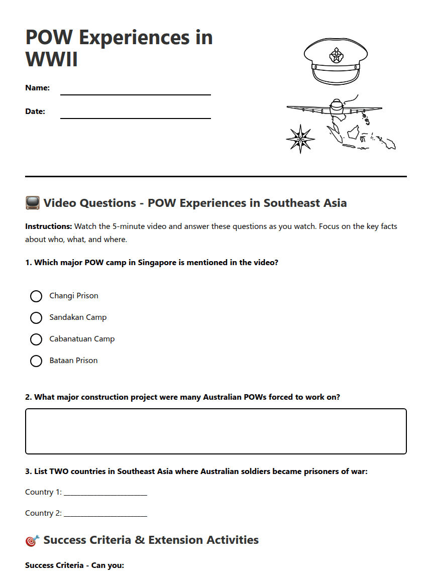 POW Experiences in WWII worksheet preview