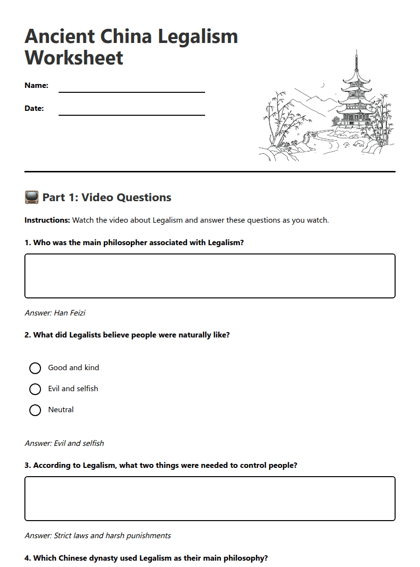 Ancient China Legalism Worksheet worksheet preview