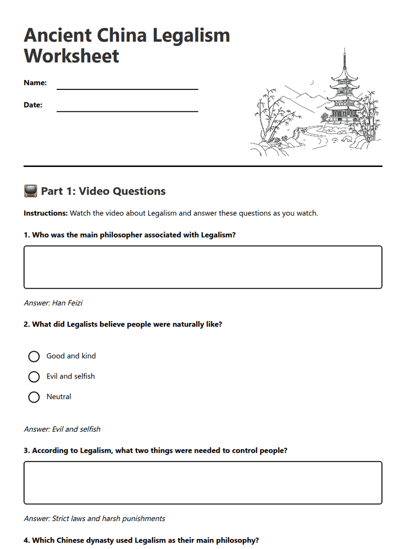 Ancient China Legalism Worksheet