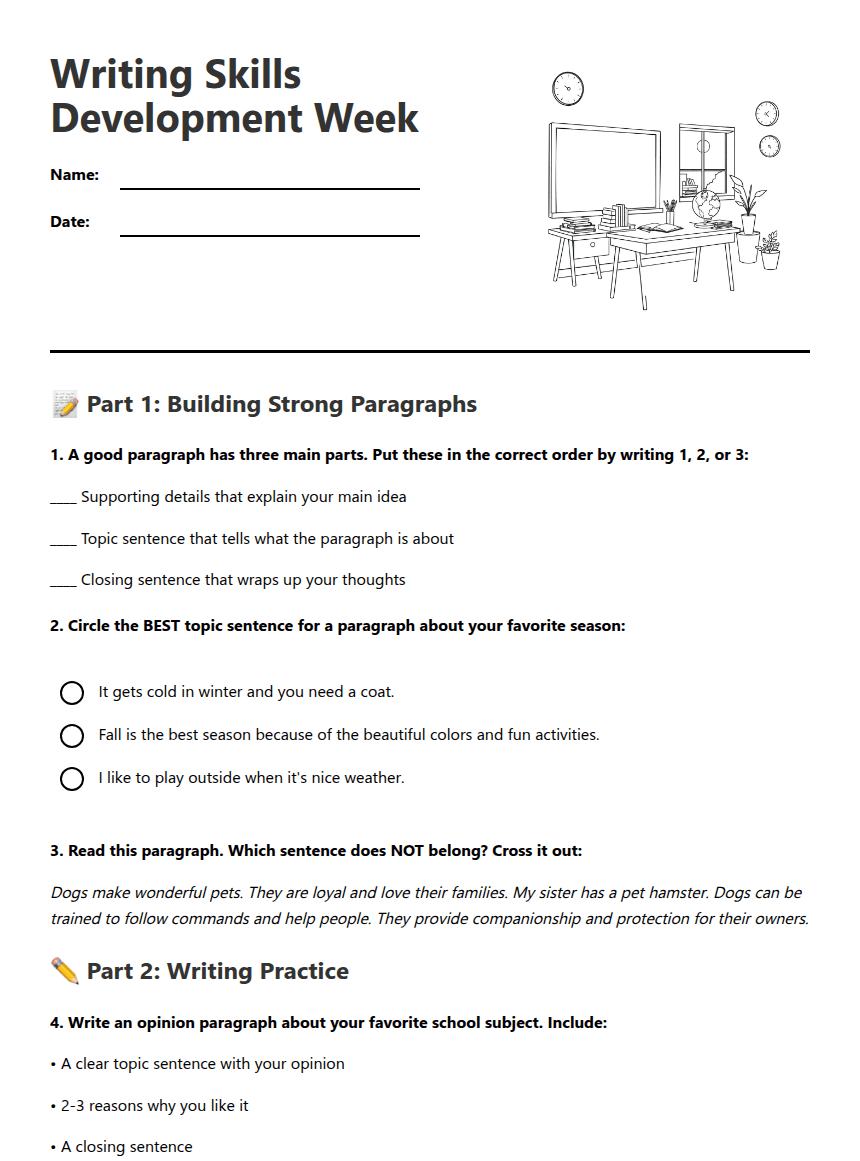Writing Skills Development Week worksheet preview