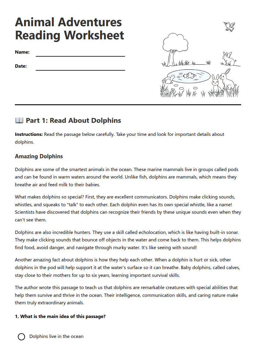 Animal Adventures Reading Worksheet worksheet preview