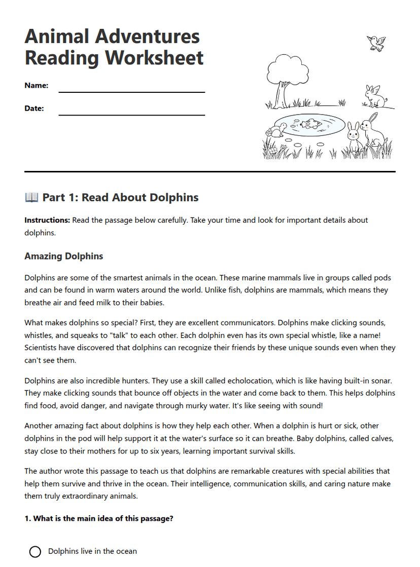 Animal Adventures Reading Worksheet