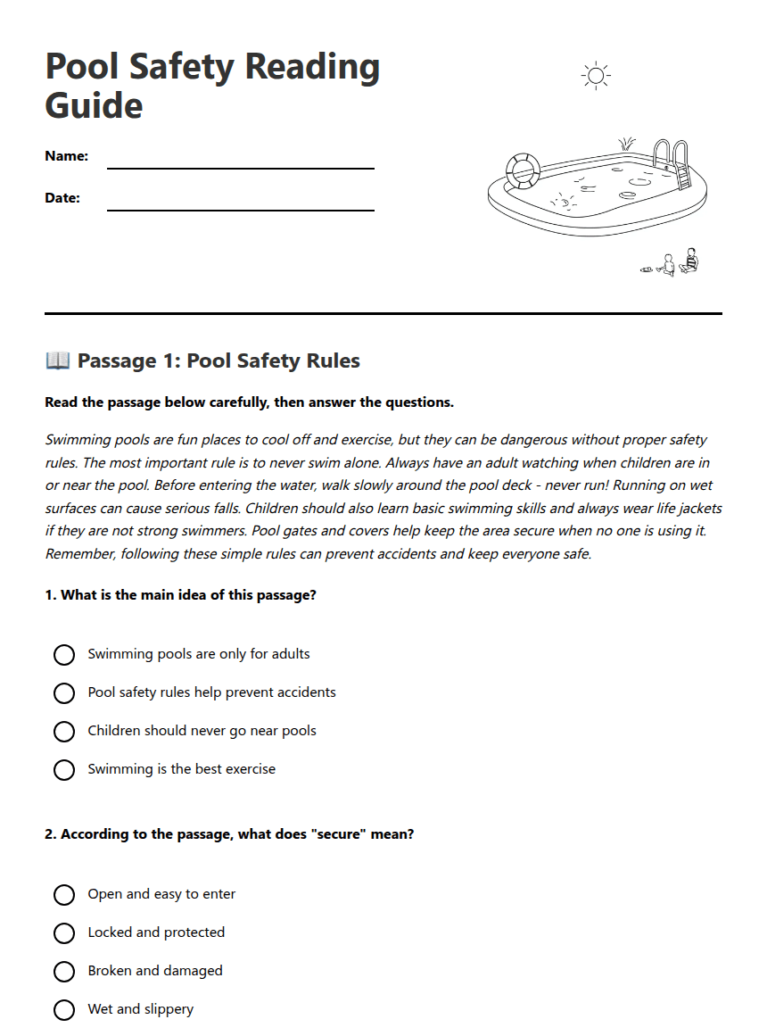 Pool Safety Reading Guide worksheet preview