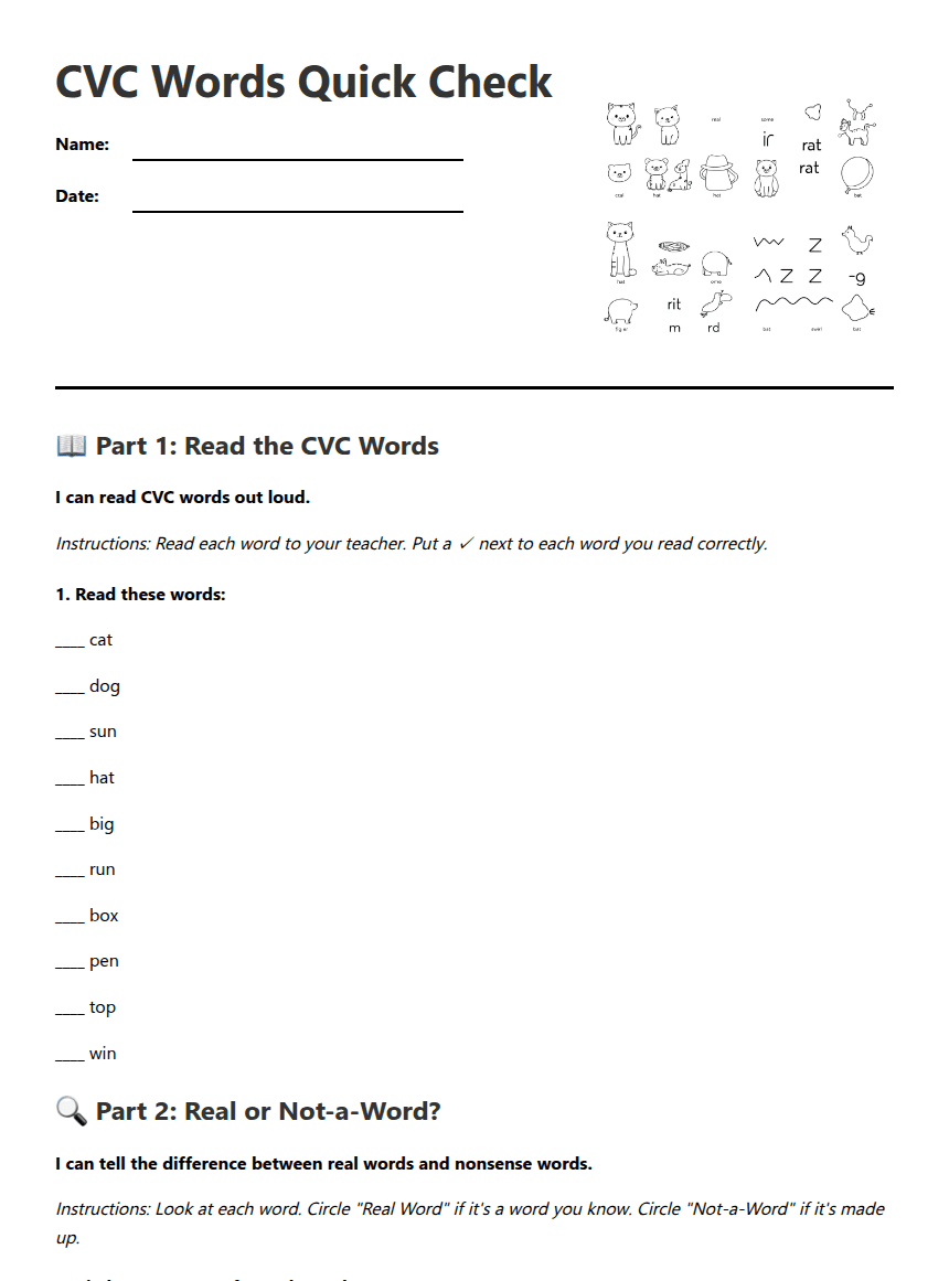 CVC Words Quick Check worksheet preview