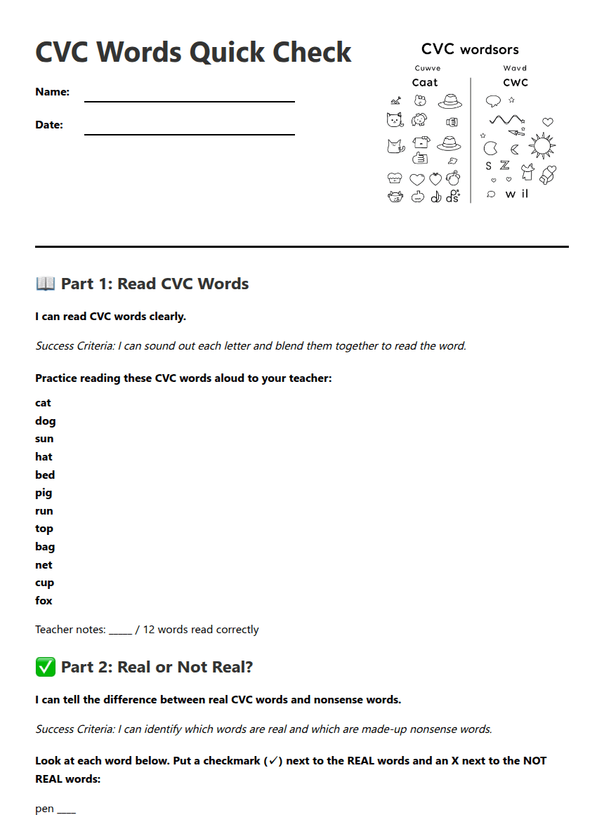 CVC Words Quick Check worksheet preview