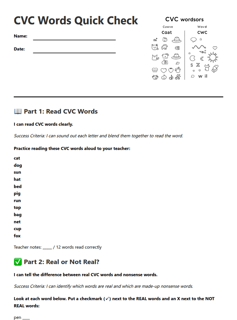 CVC Words Quick Check