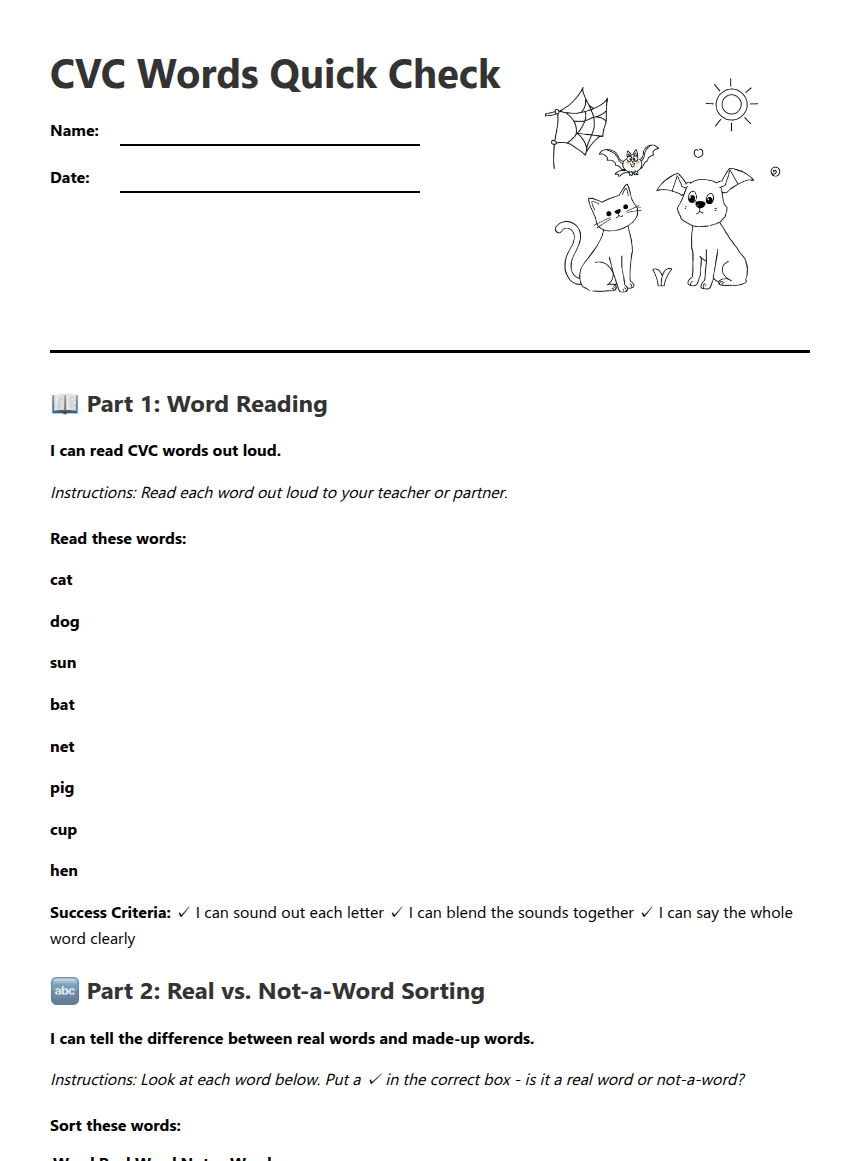 CVC Words Quick Check worksheet preview