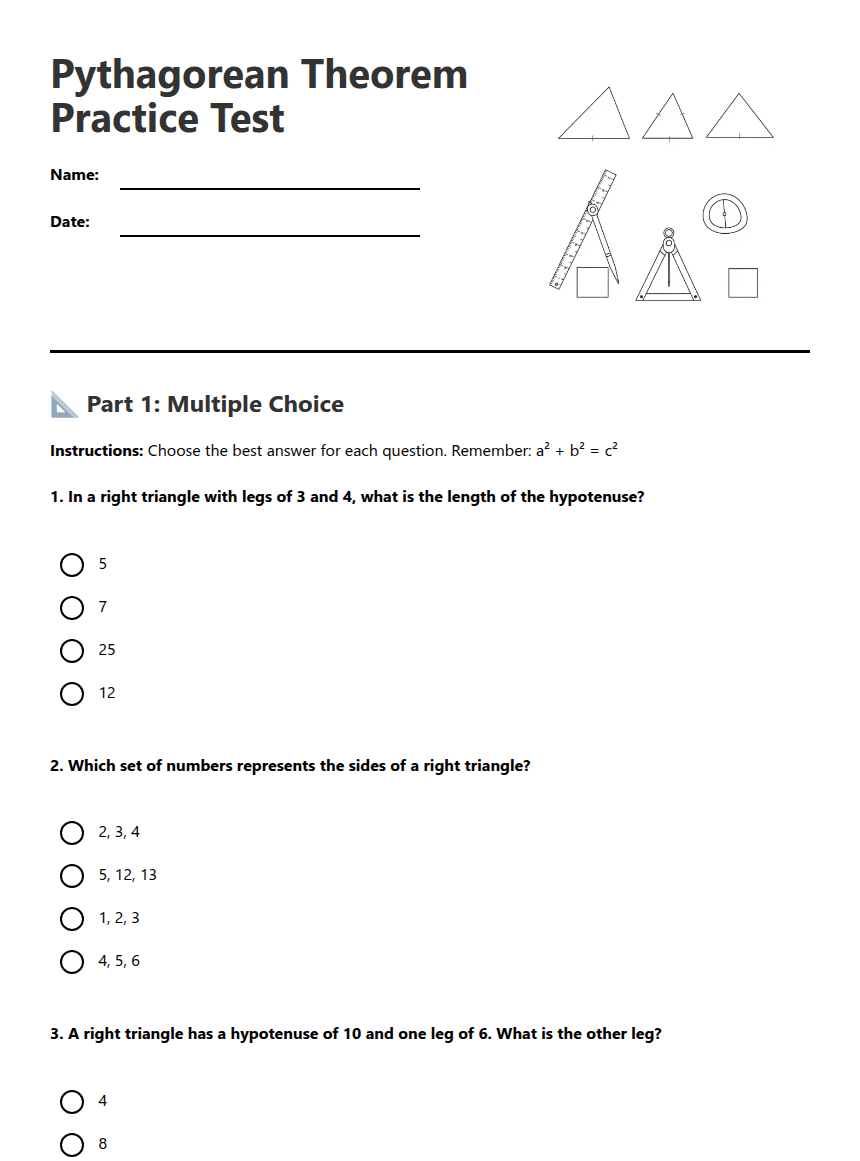 Pythagorean Theorem Practice Test worksheet preview