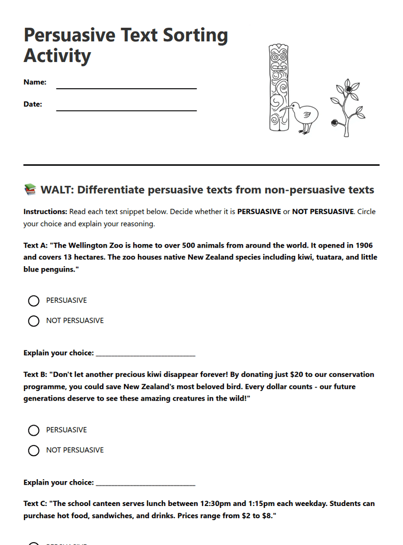 Persuasive Text Sorting Activity